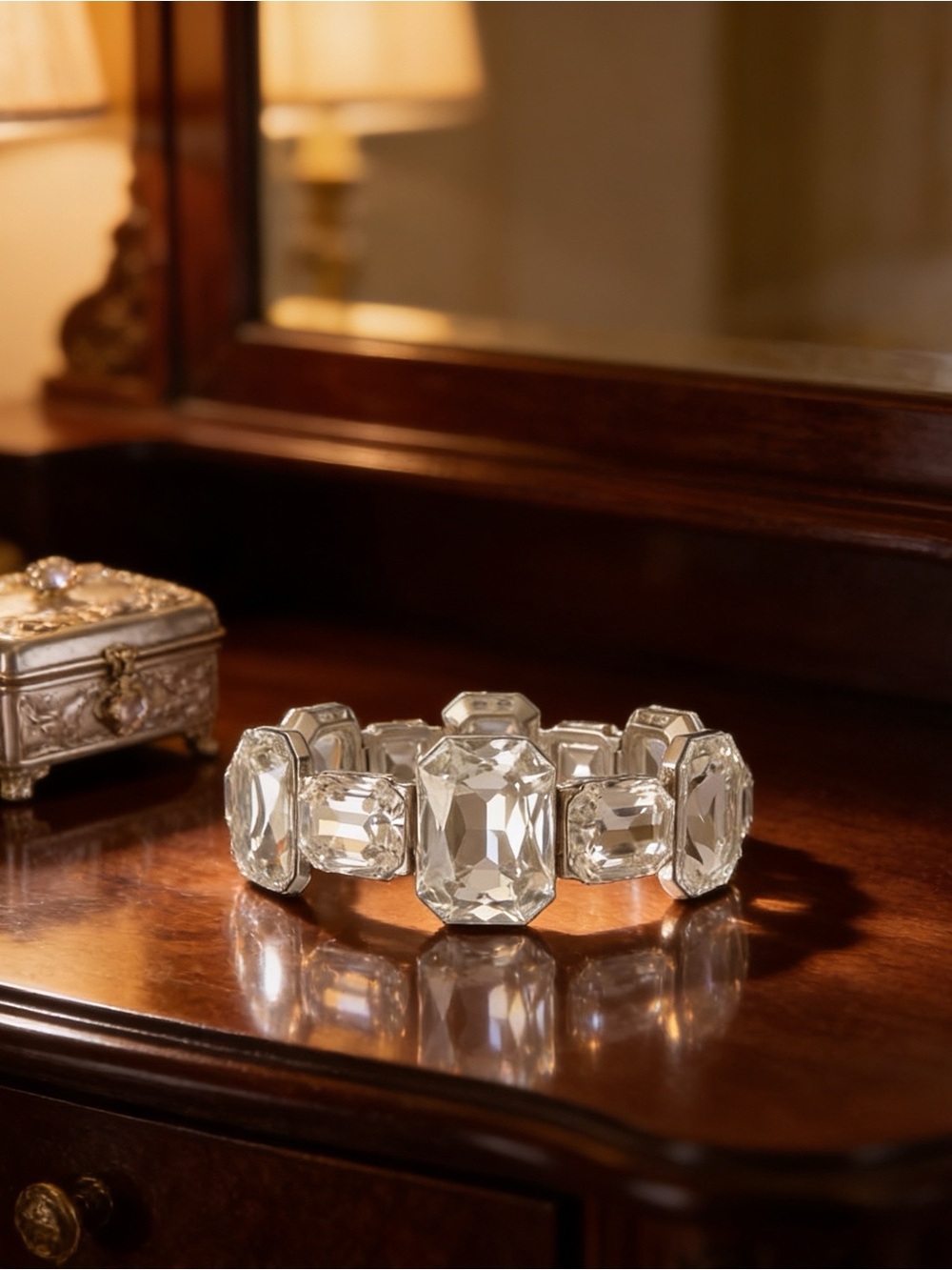 Clear Octagon-Cut Crystal Statement Bracelet Rhodium-Plated Sparkle